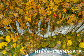 天人峡　忠別川　紅葉　七福岩　あまつ岩　大雪山国立公園　ドローン撮影　北海道　10月